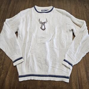 Vintage 90s Shenandoah Deer Embroidered Knit Sweater Cotton Men’s Cream Size LT